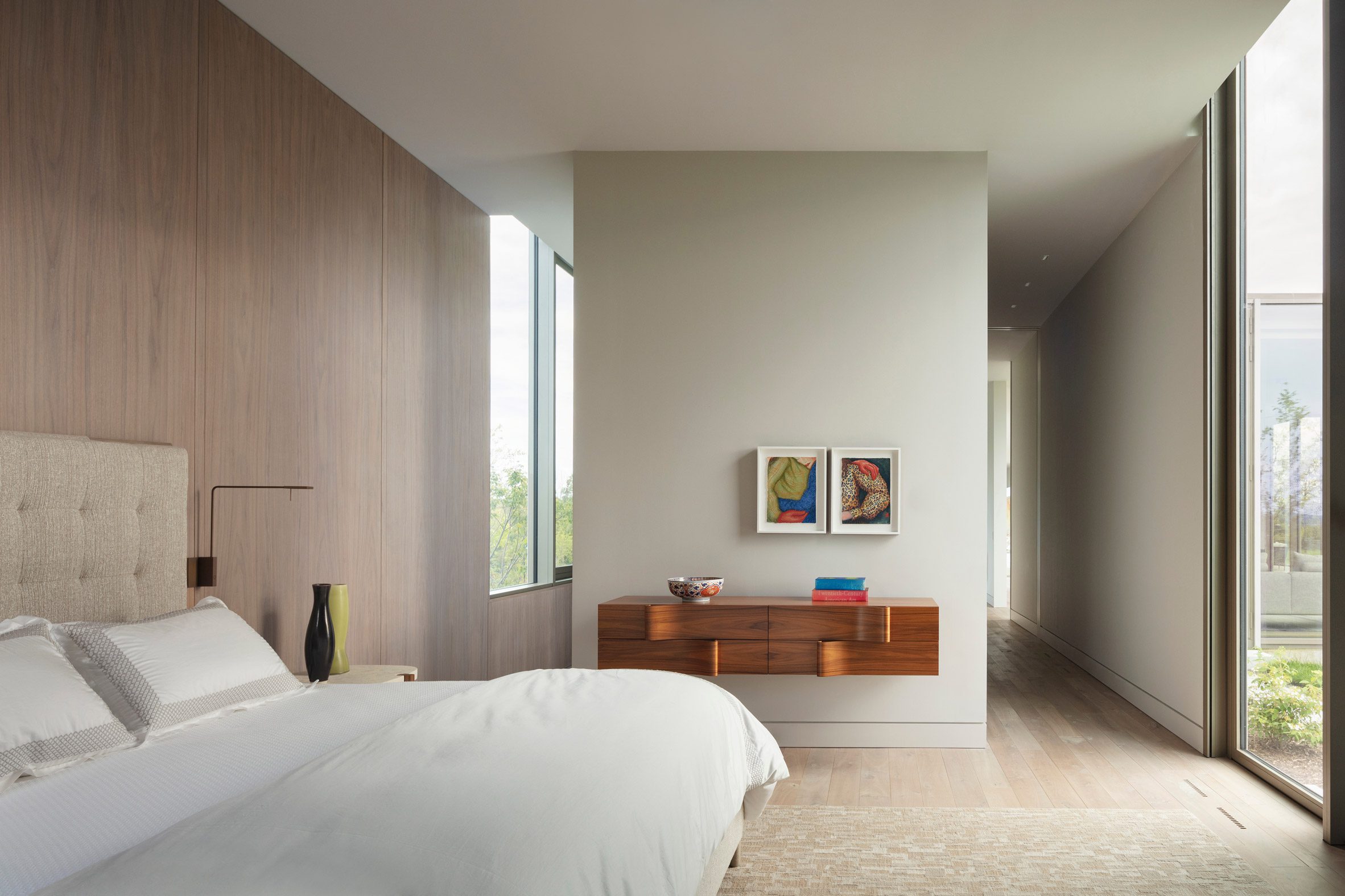 Bed with wood clad walls
