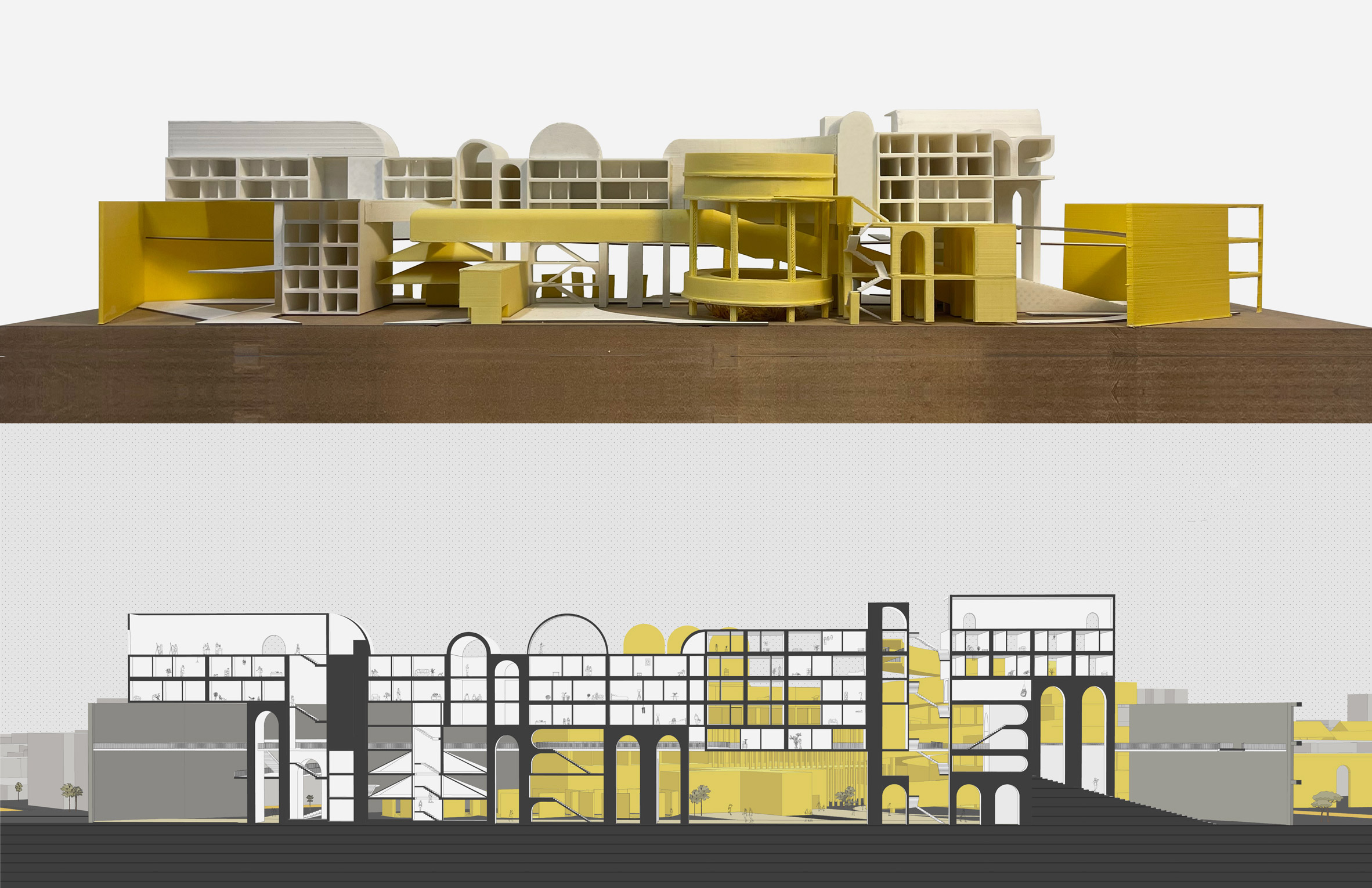 Model and cross sectional view of a large mixed-use centre, both with yellow details