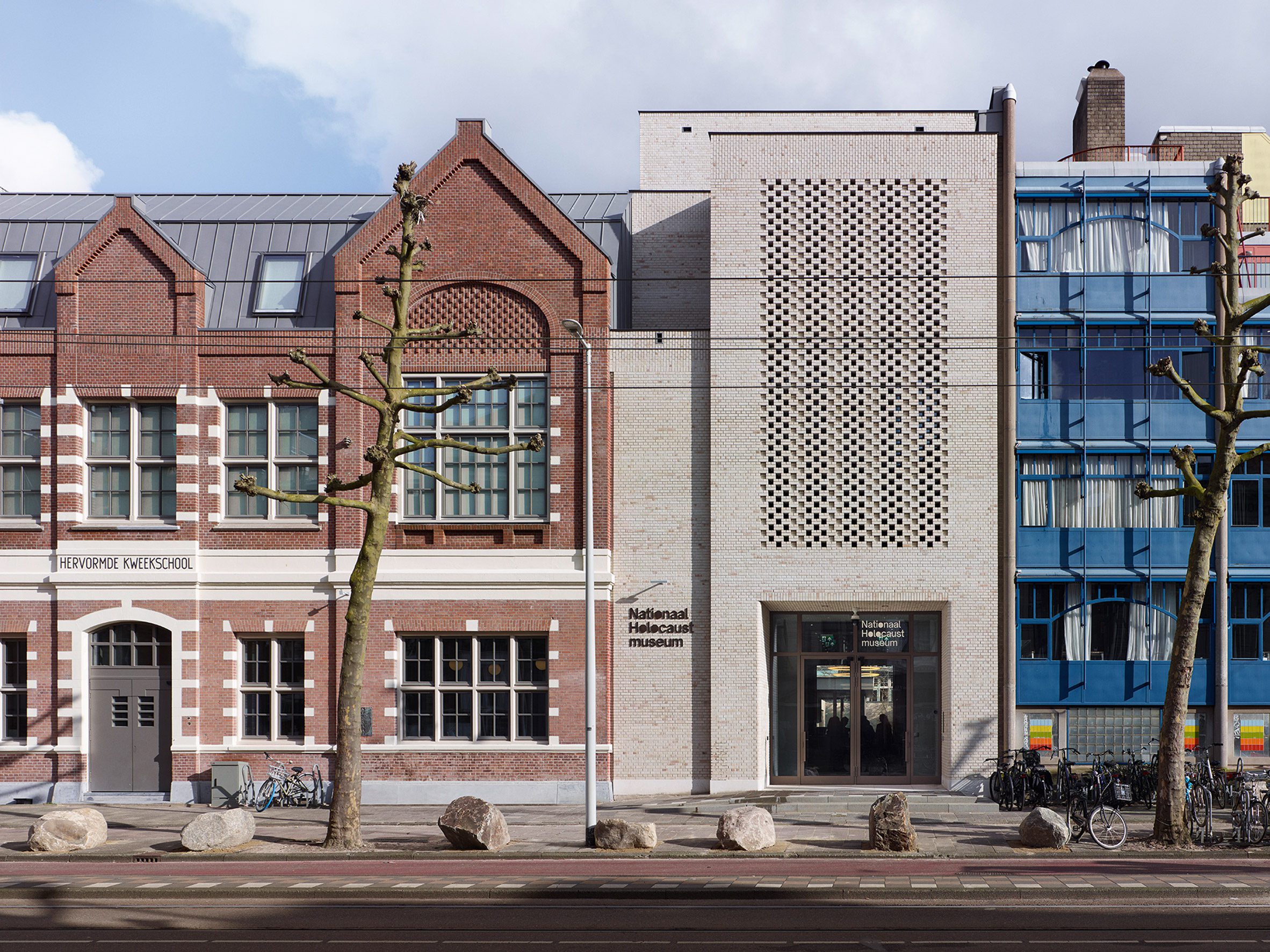 Front facade of National Holocaust Museum and former Kweekschool in the Netherlands