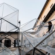 Porsche's signature 1960s houndstooth pattern informs giant net installation at Milan design week