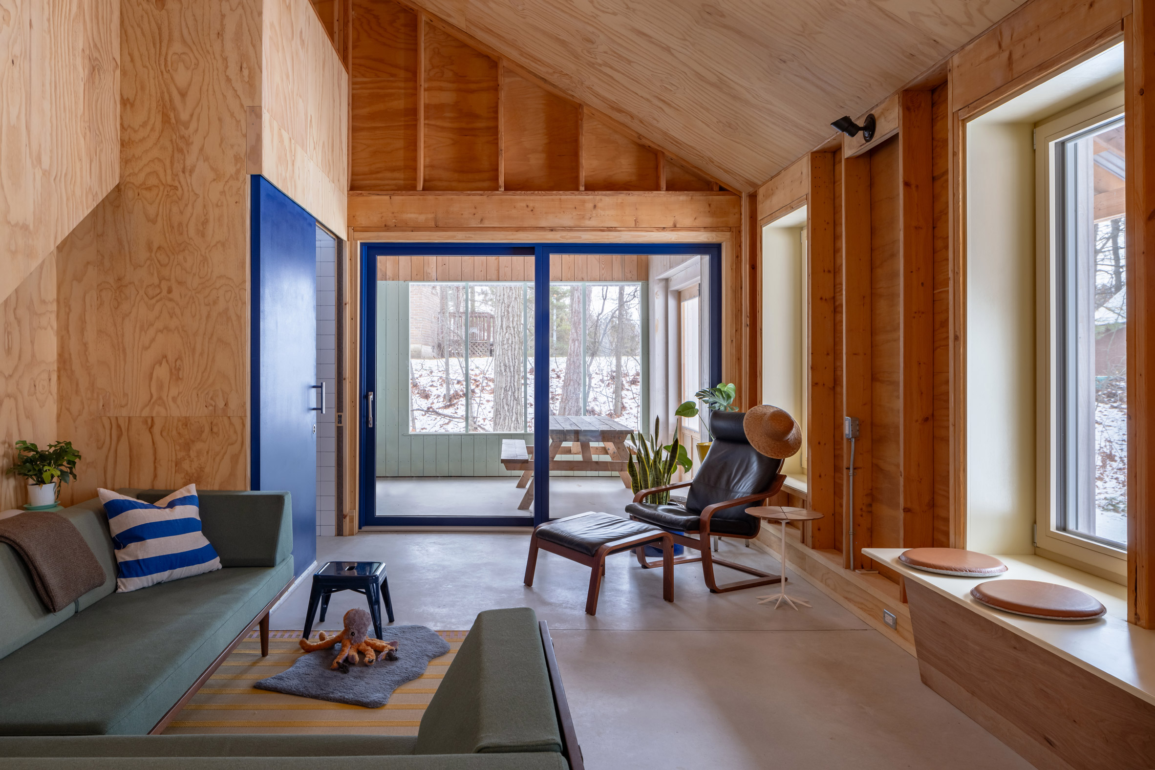 Cabin with blue sliding glass doors