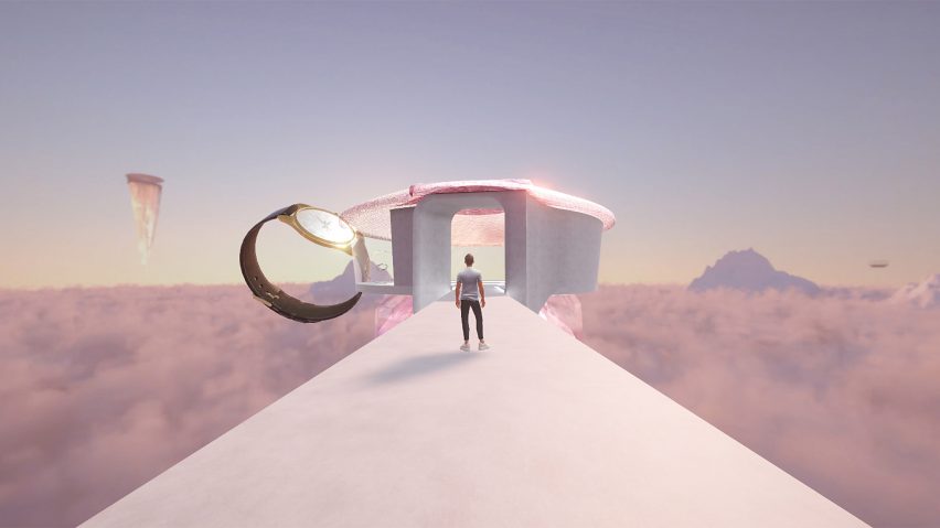 Render of a person standing in a house with a pink roof
