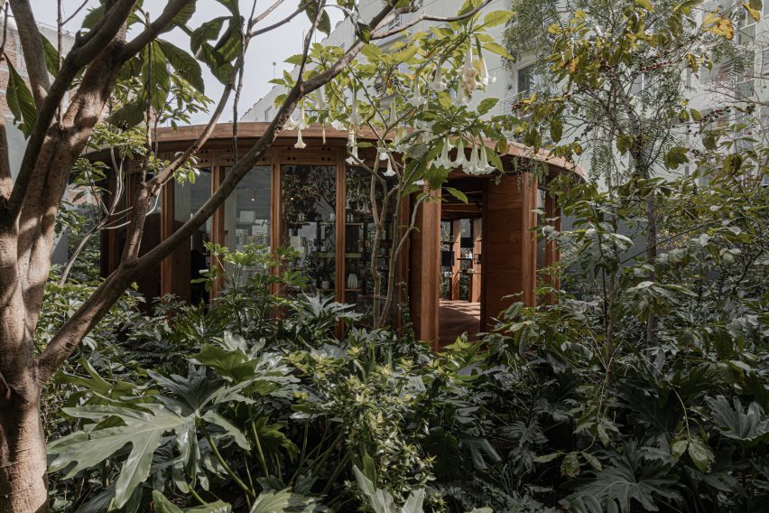 Wooden pavilion sat among lush tropical plants