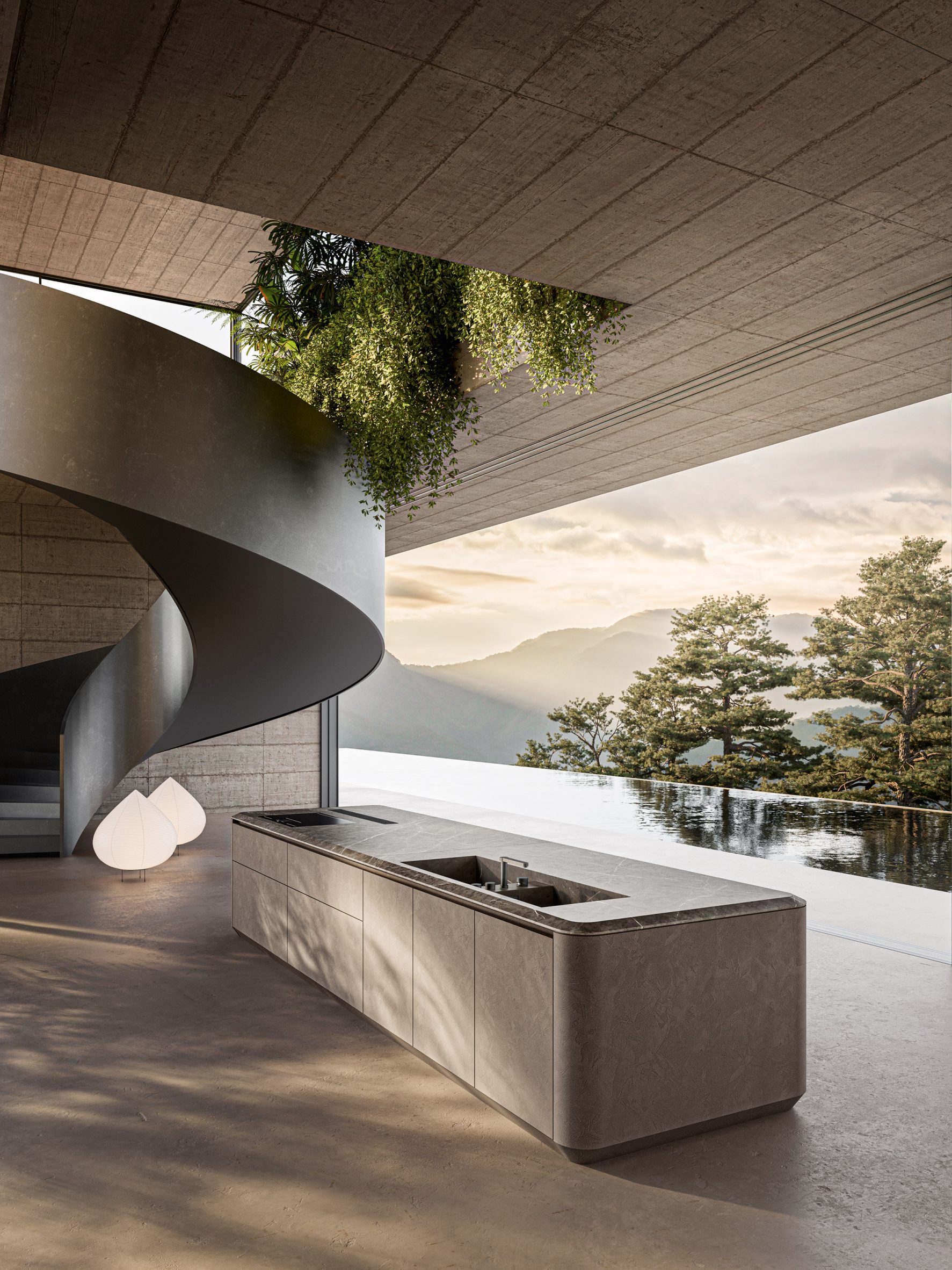 A grey kitchen island created by Zaha Hadid Design