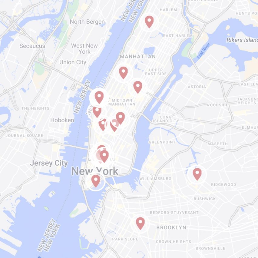 Map of New York City with pins for NYCxDesign 2024 events