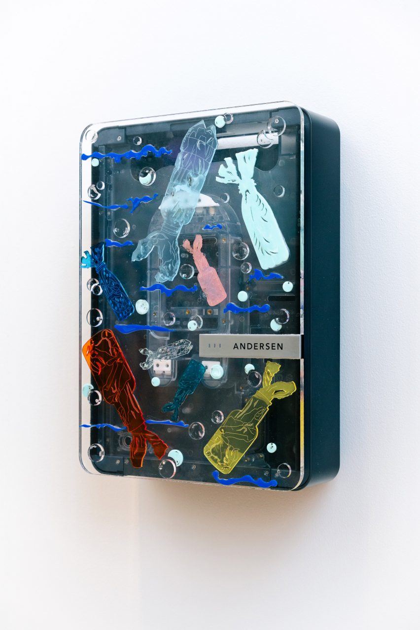 Wall-mounted charging point decorated with a colourful transparent cover