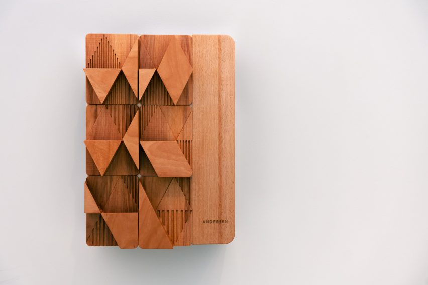 Wooden wall-mounted charging point with geometric design