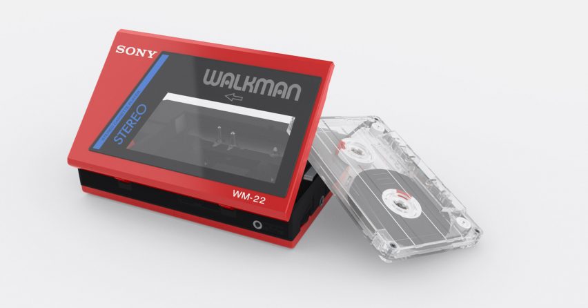 Visualisation of a large scale model of a red Walkman device on a white background.