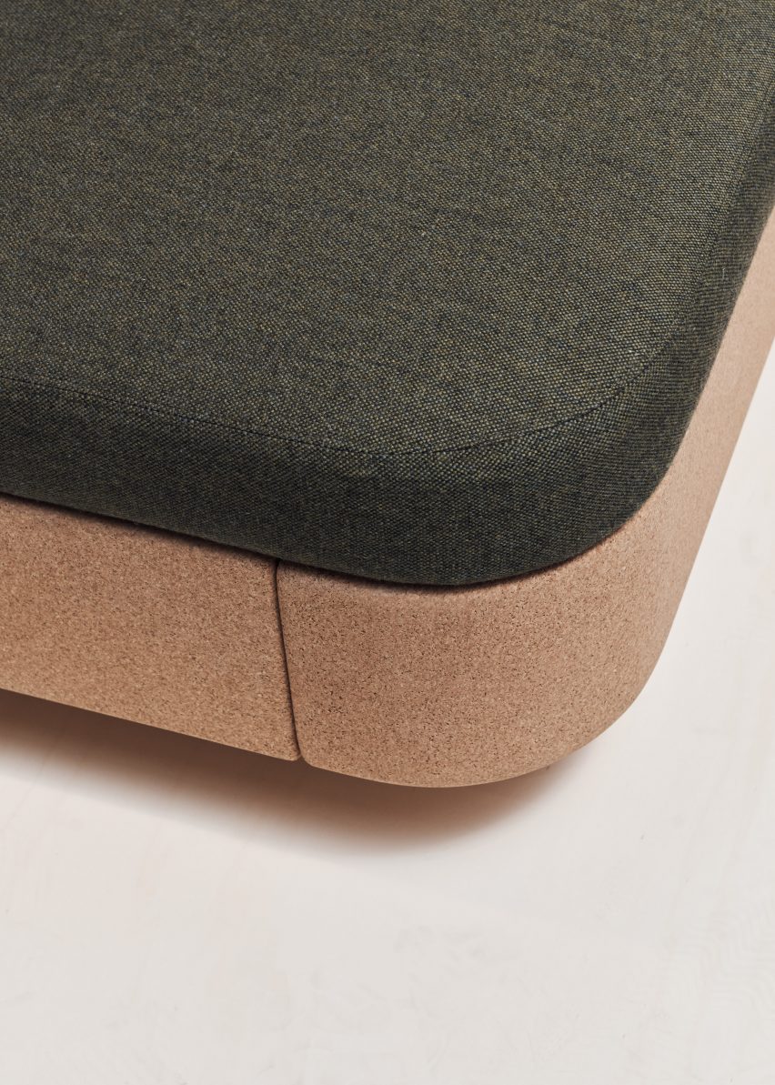 Close-up of corner on sofa with cork base