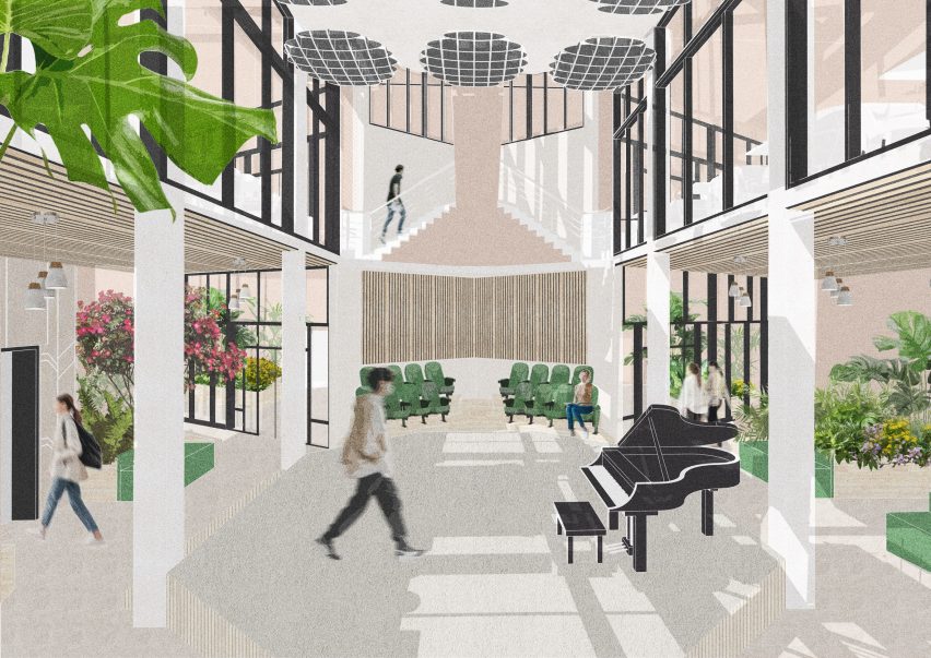 Visualisation of an interior with green plants and people in the space, along with pillars, windows, and a black piano.
