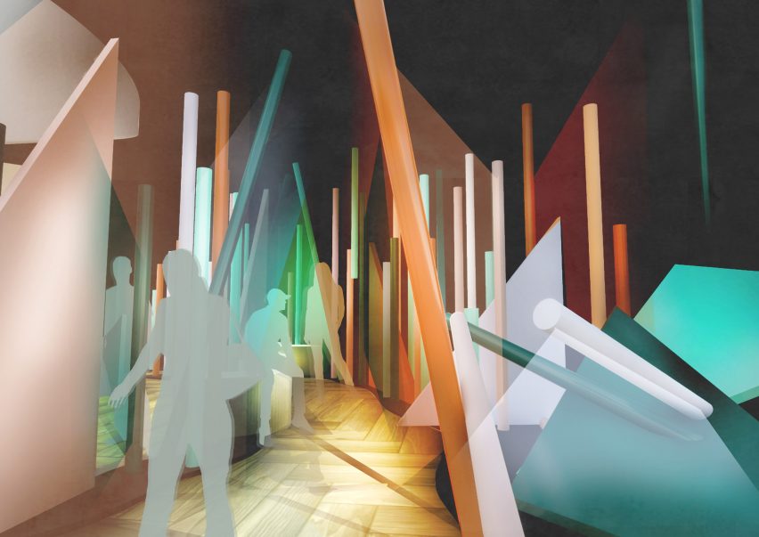 Abstract visualisation of an interior space with orange, blue and green beams, with figures in the space.