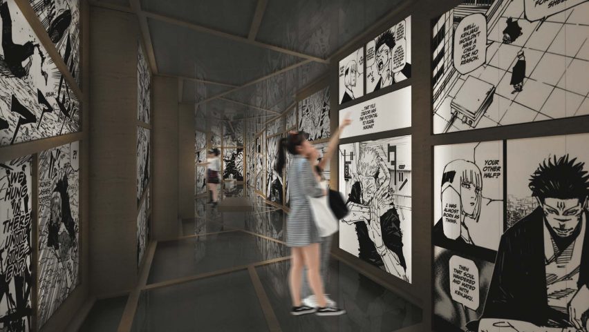Visualisation of a space with manga comics on the walls and people looking at them.