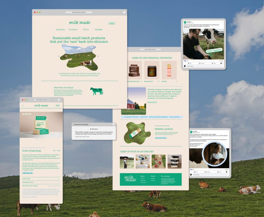 Various web browser windows in front of a background showing a hill with cows on it