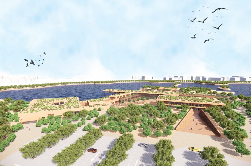 Visualisation showing a waterside centre planted with bushes and trees