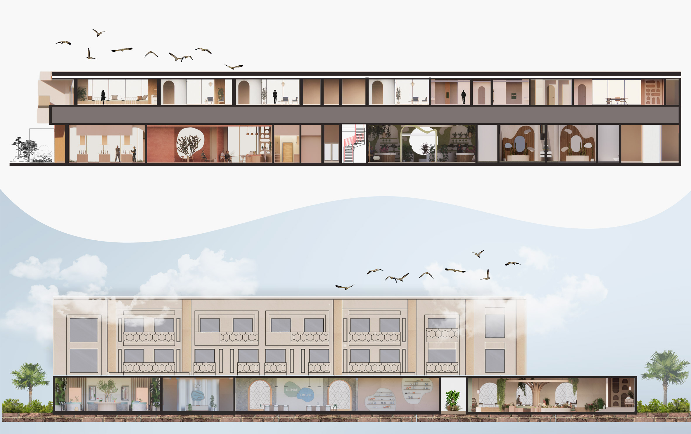 Sectional drawings of a long, low building