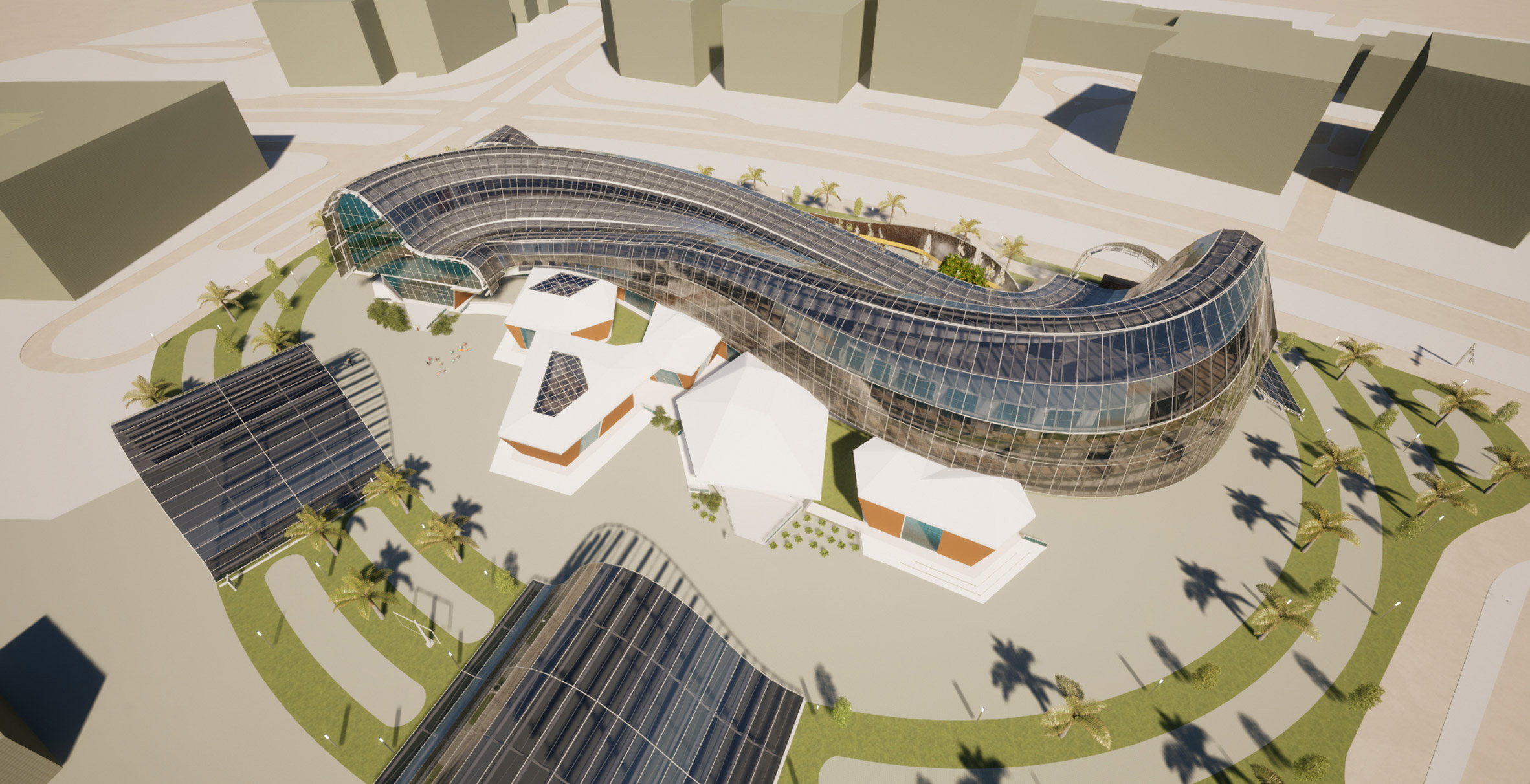 Aerial visualisation of a curved building