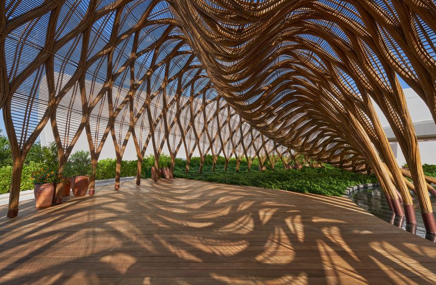Woven bamboo pavilion that hosts yoga classes