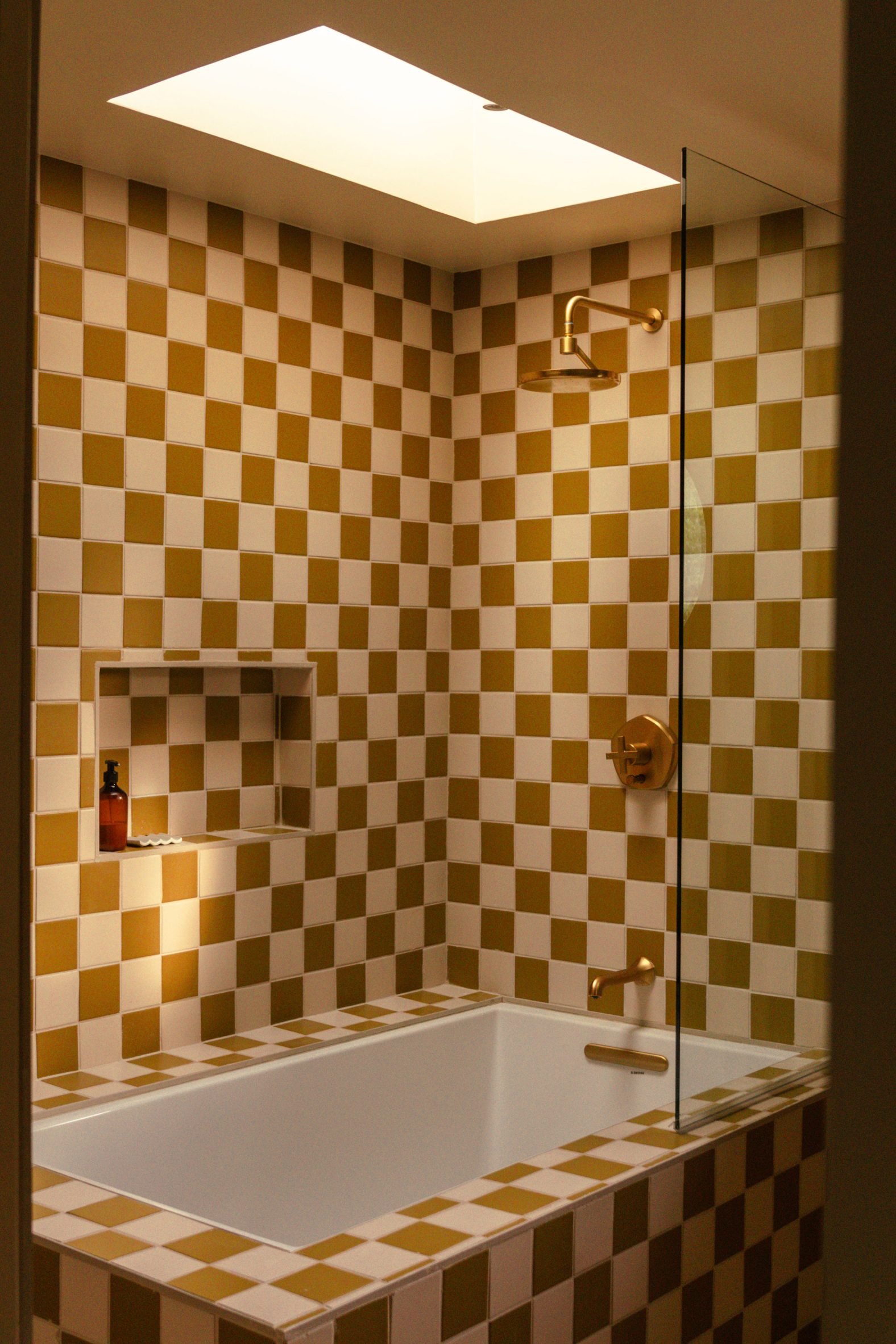 Bathroom with checkerboard tiling