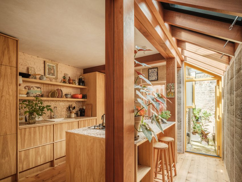 Wooden kitchen with hempcrete walls