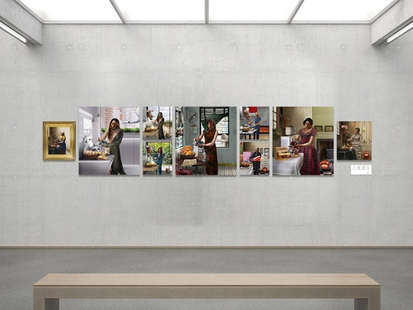 A photograph of a series of images placed on a grey wall, with a dark grey floor and a bench in front of it.