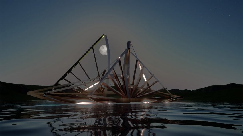 A visualisation of an architectural structure floating on water at night.