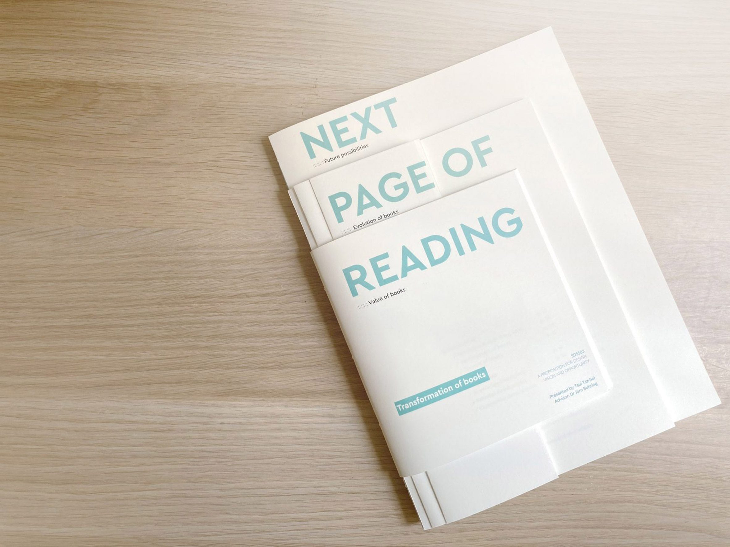 A photograph of a white printed publication placed against a brown wooden background, with the words 'next page of reading' on it in blue.