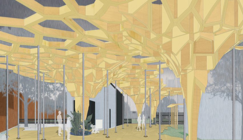 Visualisation of a community space with yellow ceiling structures, grey pillars and walls, with illustrations of people walking through.