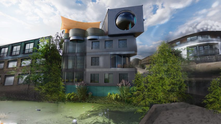 Visualisation of a grey building situated on a canal with green bushes, against a blue sky backdrop.
