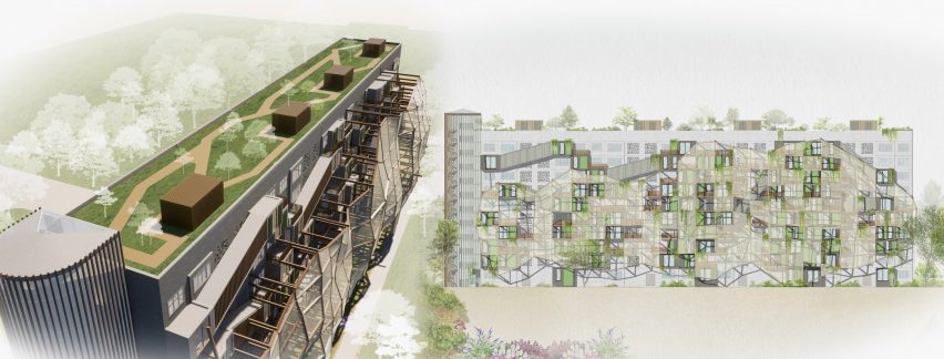 Visualisation of a housing complex with a green terrace and grey and brown detailing.