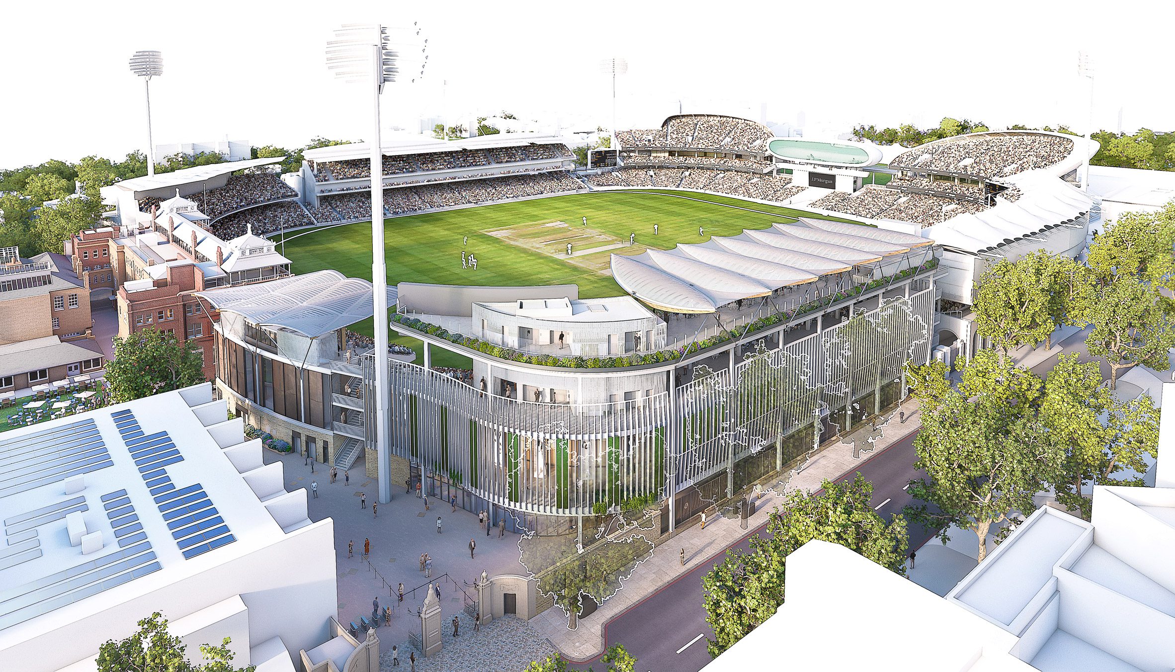 Rendered view of cricket ground redevelopment by WilkinsonEyre