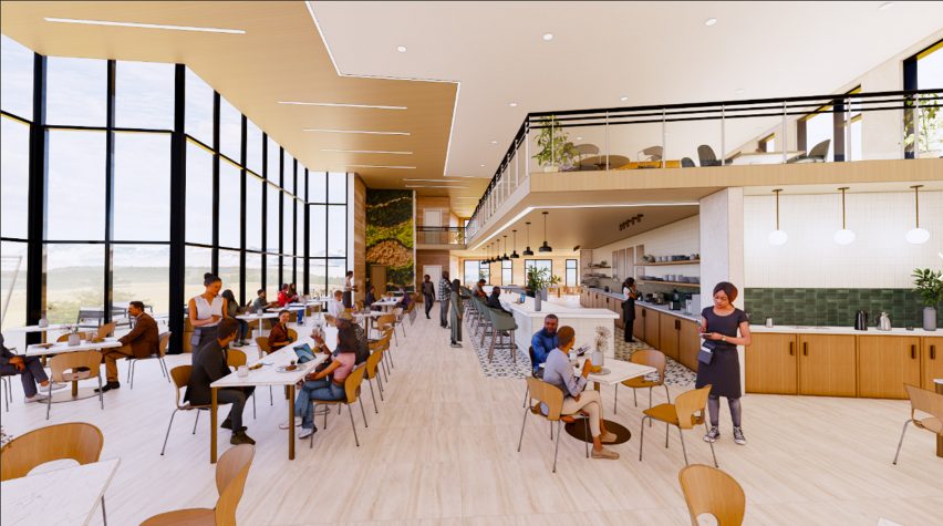 Visualisation of a café within an apartment complex with people eating and working at tables.