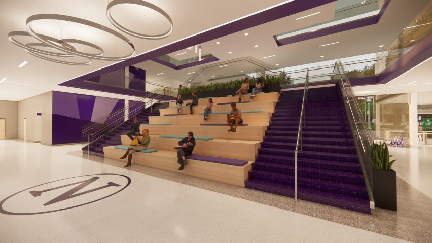 Visualisation of communal seating beside purple staircases within a university campus.