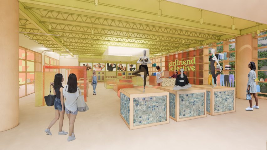 Visualisation of a hybrid retail, hospitality and community space with mannequins.