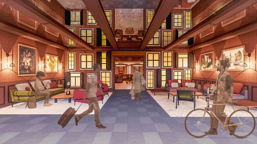 Visualisation of a hostel with sofas and chairs, and guests walking through.