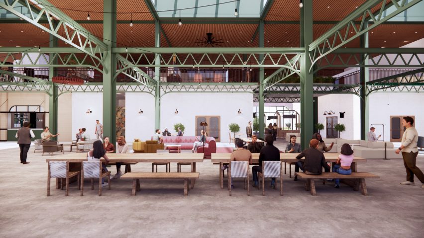 Visualisation of a community space with green industrial structures and people sat at tables.