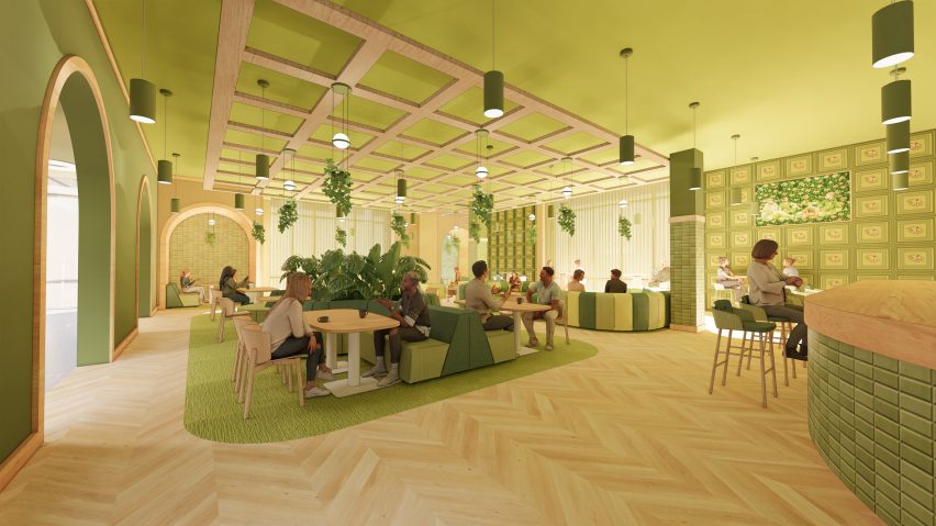Visualisation of a hotel communal space with arched doorways, filled with guests sitting at tables.