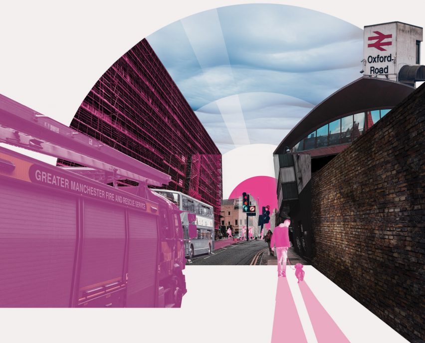 Visualisation of a street, with a brown brick wall, a train station sign, a blue sky, a pink fire truck and pink figures.