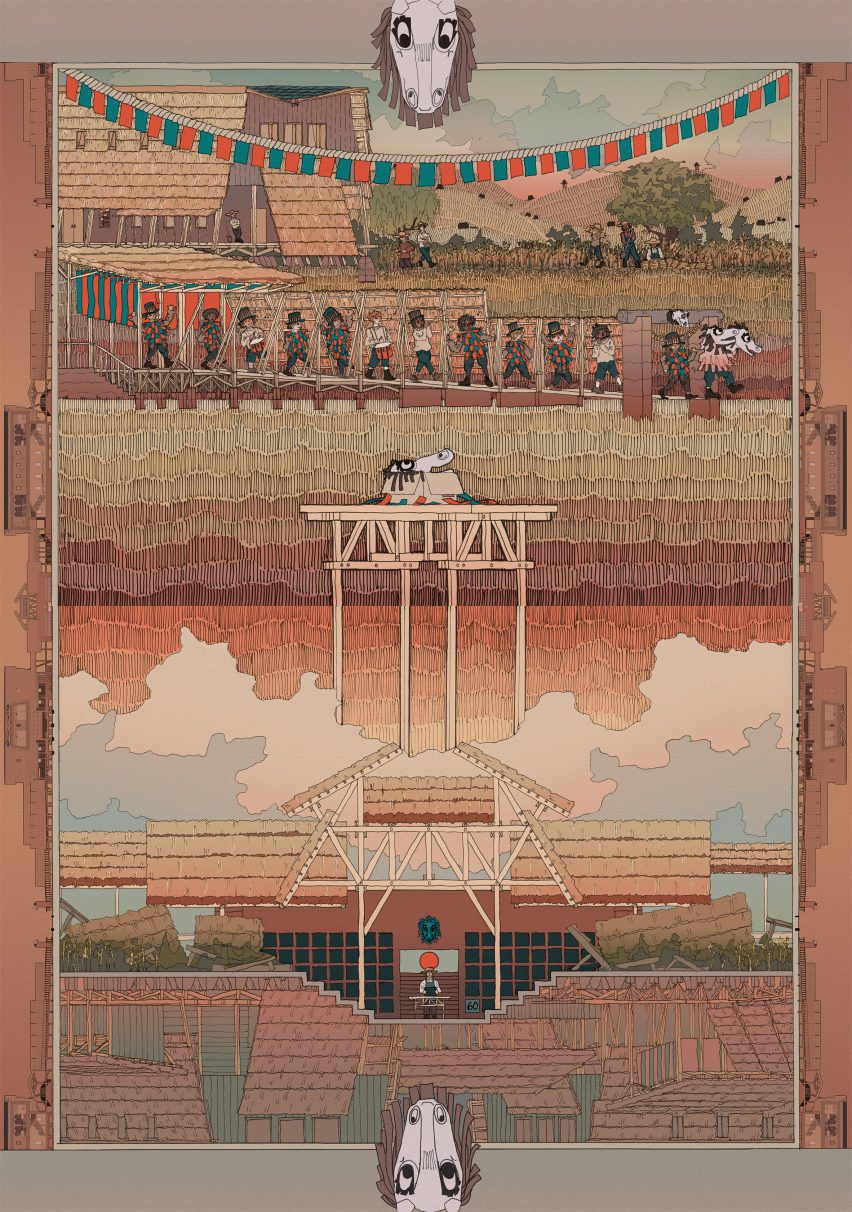 An illustration showing a building and a landscape in colours of orange, green, brown and blue.