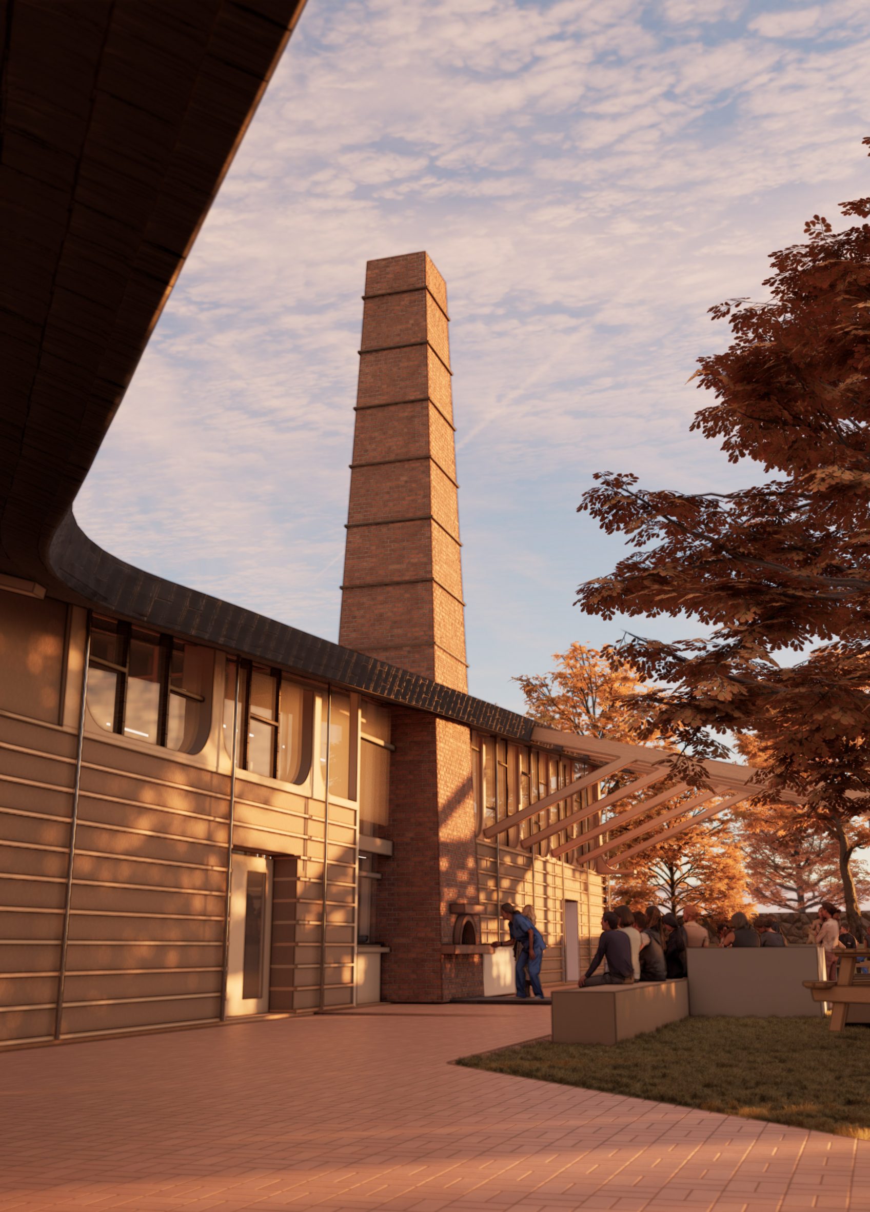 Visualisation of a brown building featuring a tall tower, against a blue sky and red and orange leafed trees.