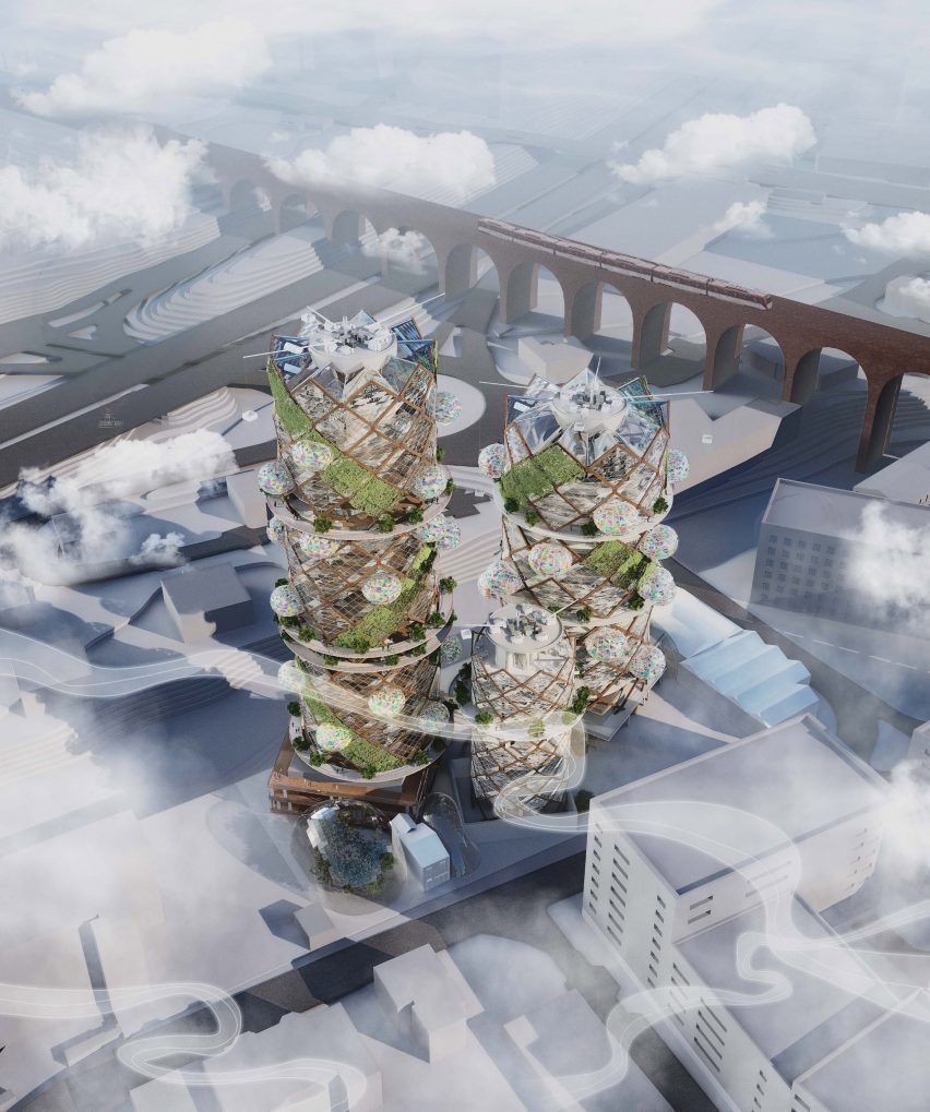 A visualisation of two cylindrical building structures, green and white in colour, among lower grey rooftops and clouds.