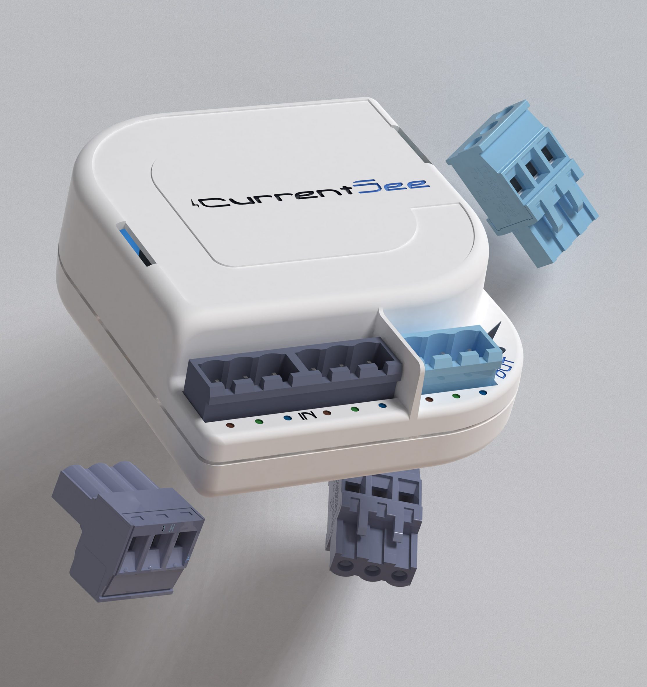 A visualisation of an electronic product, white and blue in colour, with the word 'CurrentSee' written on it in black and blue.