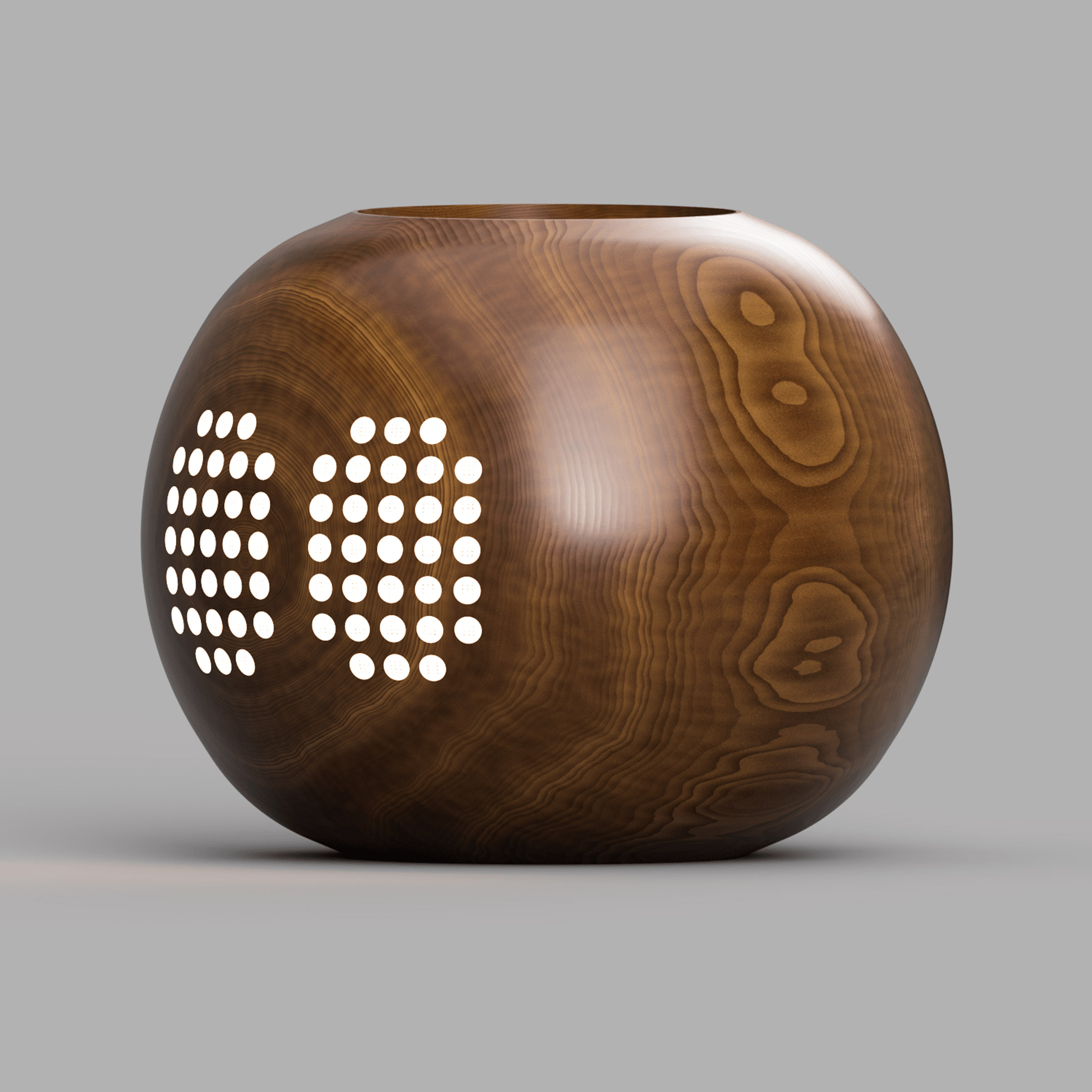 Visualisation of a brown wooden electronic home assistant with multiple small white lights.