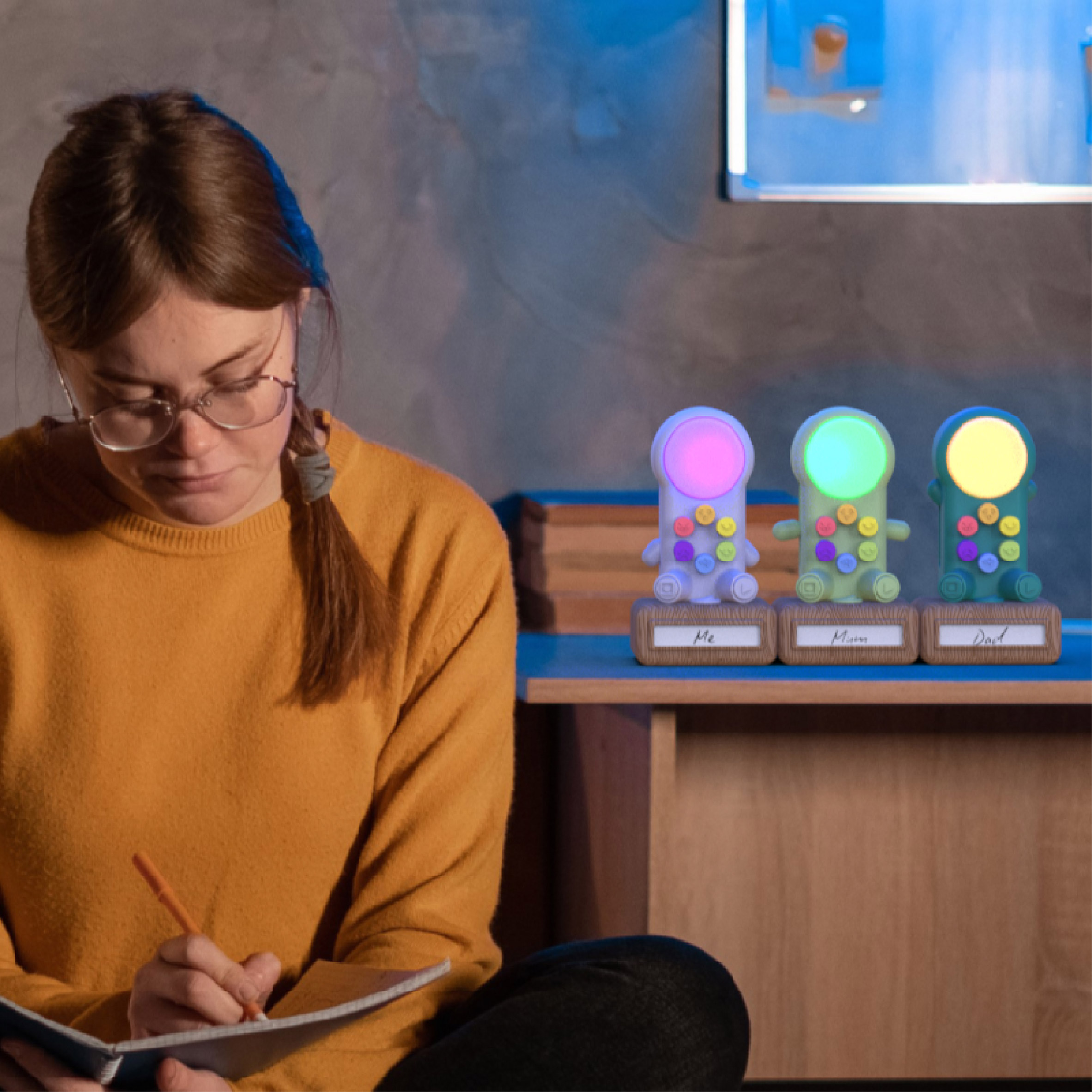 A person writing in a notebook with three electronic devices behind her in pink, green and yellow colours.