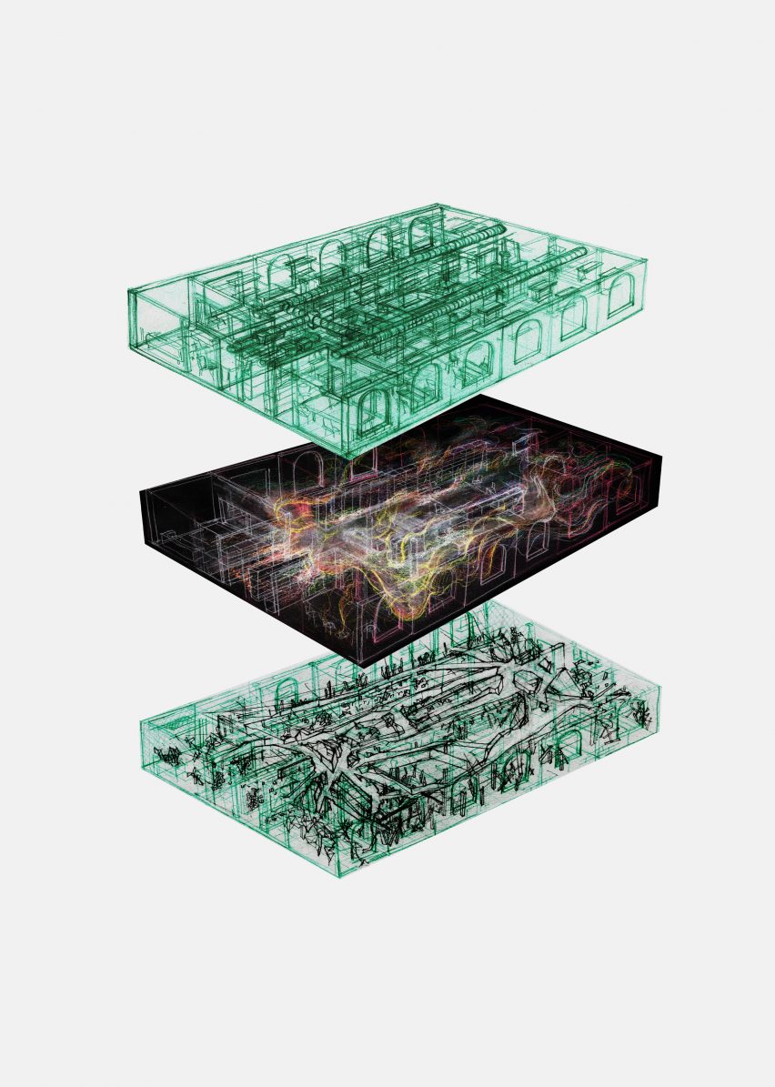 Visualisation of three architectural drawings, stacked on top of each other. The first is green, then black, then green and black, all on a white backdrop.
