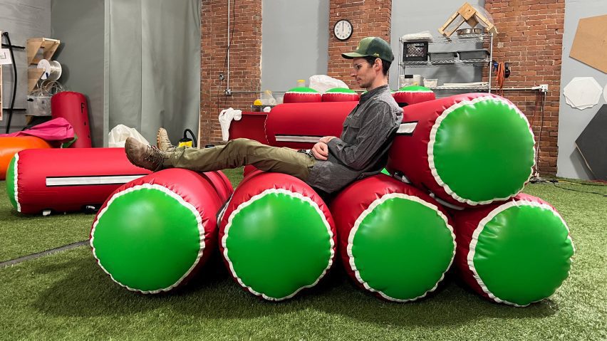 Man sitting in inflatable benches
