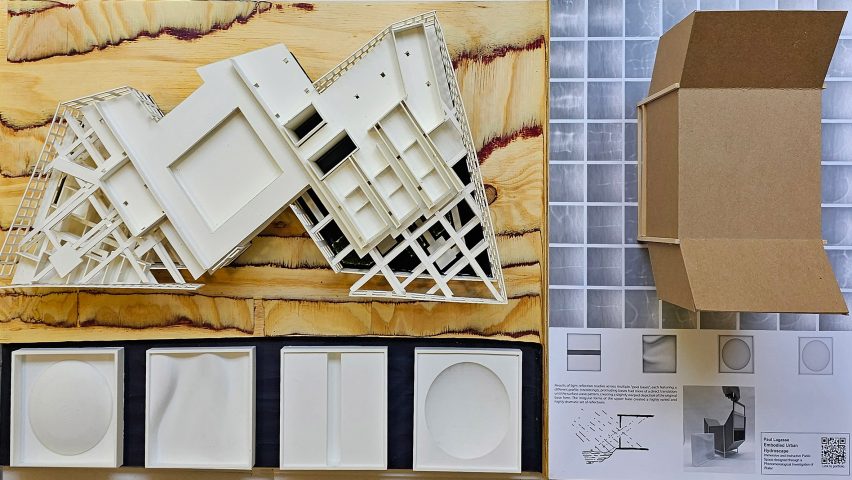 An image of a white architectural model hung on brown wood.