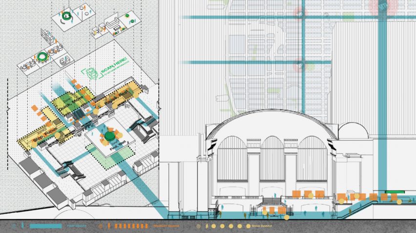 Visualisation of an interior plan, in colours of white, blue green and yellow.
