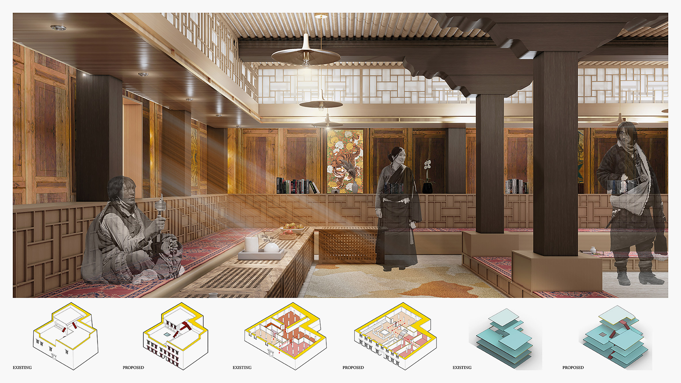 Visualisation of an interior in brown tones, with people in the space. There are architectural illustrations below the in colours of yellow, red and blue. 