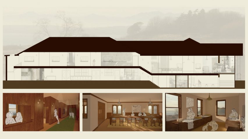 A visualisation of a building and its interiors, in colours of brown and green, on a pale brown backdrop.