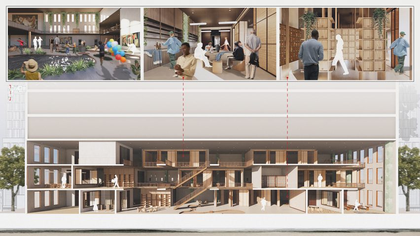 A visualisation of a brown building with people interacting with the space.